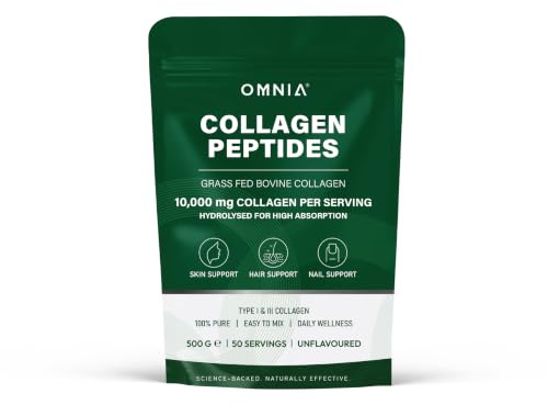 Omnia Pure Bovine Collagen Peptides Powder, 50 Servings, Packed with Essential Amino Acids, Optimal Health, Collagen for Radiant Skin, Strengthens Hair & Nails & Joints- UK Made (Packaging May Vary)