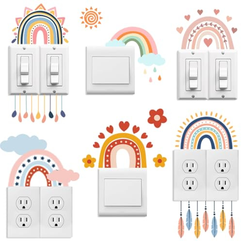 Peacoblue Etiquetas de Calcomanías para Placas de Interruptores de Luz 6Pcs 7x7 Boho y Arcoíris para Decoración del Hogar, Divertidas Calcomanías para Interruptores de Pared Peel and Stick