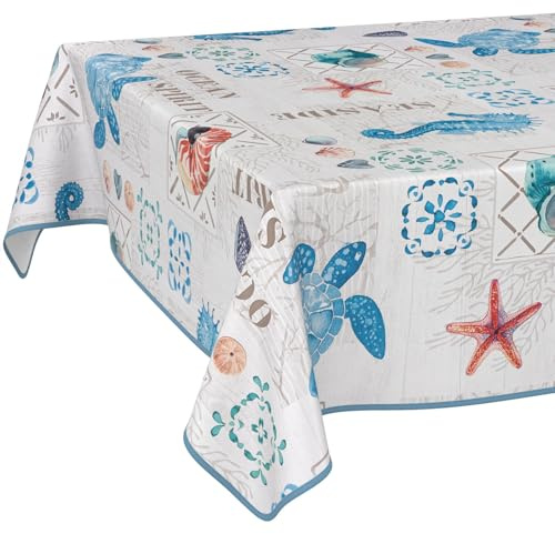 ANRO Nappe en toile cirée - Lavable, imperméable - Avec ourlet (bordé) - Pour table de jardin, imperméable - 220 x 140 cm - Océan