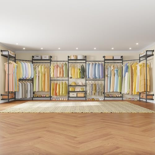 Timate U4 U Shape Garment Rack Heavy Duty Clothes Rack for Hanging Clothes, Expandable Industrial Pipe Clothing Rack Wall Mounted Closet Extra Large Closet Rack Walk in Closet System, Closet Kit Black