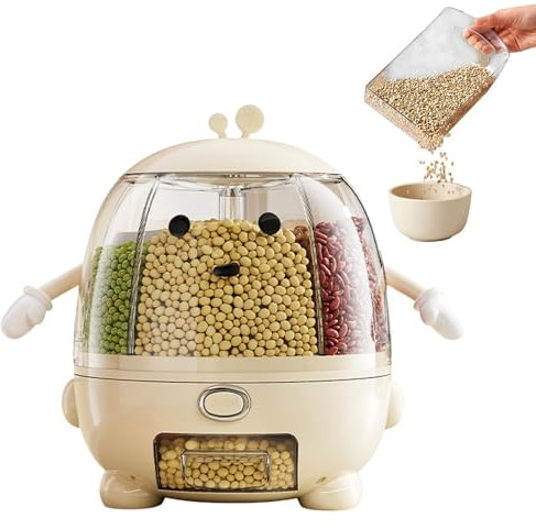 Dry Food Dispenser Countertop, 360° Rotating Food Dispenser, Rice Holder, Container For Rice, Sealed Storage, Push-Type, Five Compartments, Kitchen Organization For Cereal Dry Food, Soybean Corn