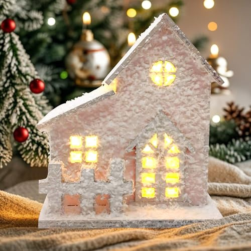 Weihnachtsdorf mit Beleuchtung, Weihnachten Wichtelhaus mit Licht | Weihnachtsdeko Haus, LED Deko Häuser Holz, Mini Weihnachtshaus Beleuchtet Weihnachtsdeko Innen Holzhaus Lichthaus Winterdeko