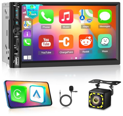 Autoradio 2 Din con Carplay wireless e Android Auto - Autoradio con Touchscreen IPS da 7 Pollici con EQ, Mirror Link, Bluetooth, Radio FM, SWC, Porta USB/AUX/Scheda TF + Telecamera di Retromarcia