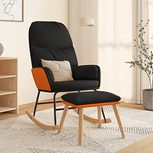 Teenpull Schaukelsessel mit Hocker, Schwarz, Stoff & Kunstleder, Modernes Design, Bequemes Schaukeln für Wohnzimmer, Schlafzimmer, Maximal 110kg