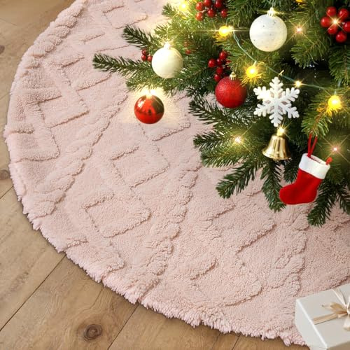 Lanpn Falda Cubre Pie para Arbol de Navidad de 120cm, Gran Lujo Piel Sintética Alfombra de árbol de Navidad Redondas, Cubiertas para Base Alfombra para Decoración Navideña de Interiores (Rosa)