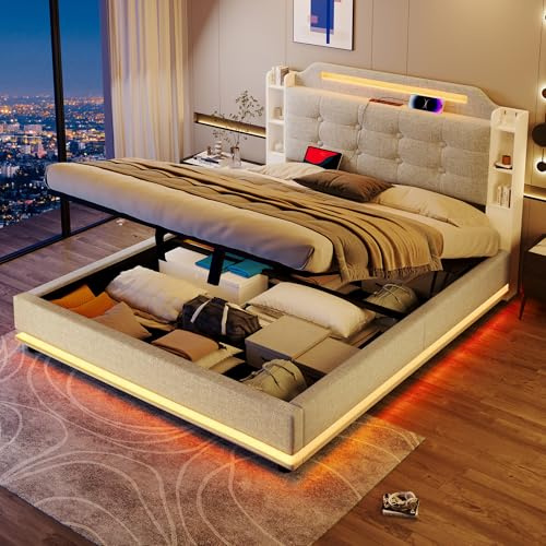 Laxnb Bett 140x200 cm Polsterbett Doppelbett, LED-Kopfteil mit Staufach und USB/TypC, Bett mit Stauraum, Jugendbett Hydraulisches Stauraumbett Bettgestell mit Lattenrost, Ohne Matratze, Leinen (Beige)