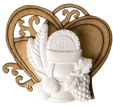 PuntoCasaStore 12 Pz Gesetto Calice Comunione Cuore Legno 5,5 CM Bomboniera Applicazione Gesso Bianco Prima Comunione Decorazione