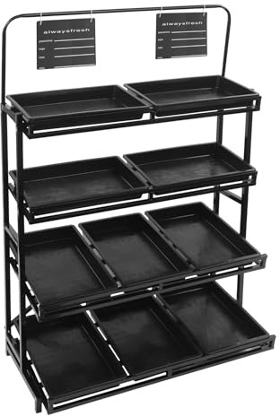 banborba Fruit and Vegetable Storage Rack, 4-Tier Supermarket Retail Display Stand, Free-Standing Fruit Basket Stand, Market Shelf, Snack Rack with 10 Removable Baskets for Kitchen, Shop, Store
