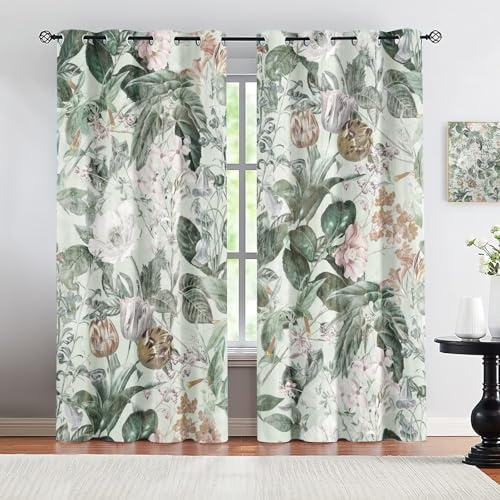 VELOMEA Boho Botanisches Verdunkelungsvorhänge, Vintage Blumen und Blätter Muster in Grün und Pastellfarben, Romantische Pflanzen Gardinen für Wohnzimmer Schlafzimmer 2er Set 107x114 cm
