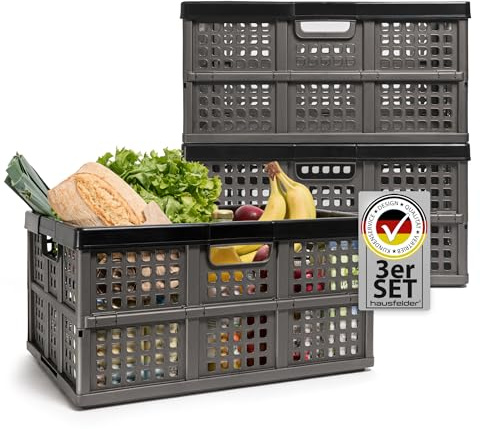 Hausfelder Klappbox faltbar stabil – 3er Set 45L Klappkiste & Klappkorb für Einkäufe, Haushalt & Transport