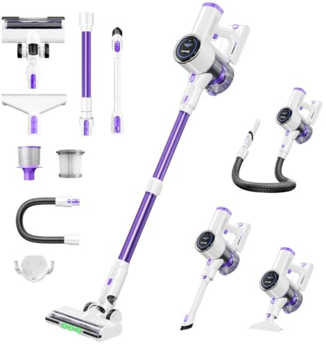 Hearten Aspirateur Balai sans Fil avec Tuyau & Brosse Triangulaire | 40000Pa/450W/40Min, LED Écran, Brosse Anti-Enchevêtrement, Autoportant, Ultra-Silencieux, Poils d'Animaux/Sols Durs