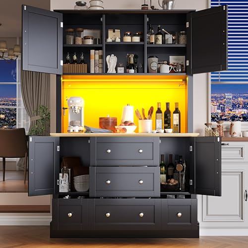 Lahoomu Hochwertiger Hochschrank mit App-Steuerung，115×40×180cm, Wohnzimmerschrank mit 4 Türen & 3 Schubladen, Küchenvitrine mit Musik-Lichtfunktion & Kippschutz, Schwar