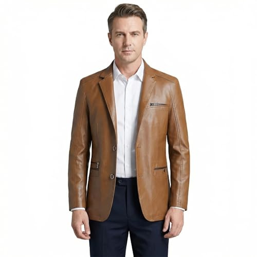 HESYSUAN Blazer de cuero para hombre, estilo casual, con solapa, suave, ajuste regular, 2 botones y bolsillos, marrón, 6XL