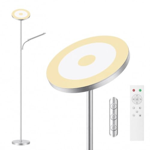 YICAIZI Stehlampe Wohnzimmer, 42W Deckenfluter mit Leselampe, 4200LM LED Stehlampe Dimmbar mit 2700K-6500K Farbtemperatu, Moderne Standleuchte mit Fernbedienung & Touch-Steuerung, Silber