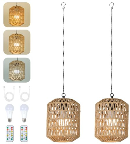 Rayofly 2 Pack Rechargeable Hanging Light Outdoor, Outdoor Battery Operated Rattan Pendant Light Fitting with Remote Control, Dimmable Boho Hanging Lamp, USB Battery Powered Lamp for Balcony, Garden