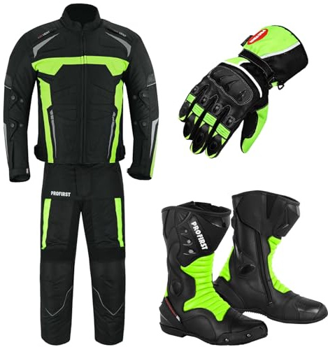 Motorcycle Clothing Suit - Motorbike Suit With Racing Gloves - Motorbike Boots Leather Shoes - 2 Piece Suit Armored Waterproof Suits Jacket Trouser CE Armor For All Weather Mens (Green, S)