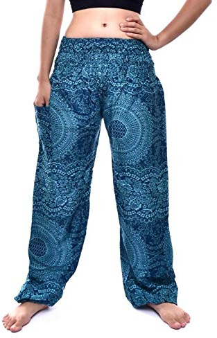 Bohotusk Haremshose für Kinder, gesmokt, elastische Taille, Hippie-/Boho-Stil, für Kinder, Hippie-/Festival-Hose, Spende für Elefantenheiligtümer Gr. 9-12 Jahre, Blue Night Glow