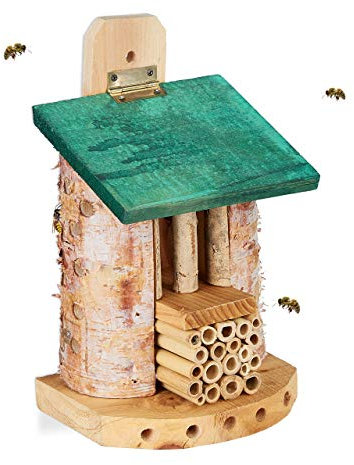 Relaxdays Insektenhotel, Nisthilfe für Wildbienen & Wespen, Garten, Balkon, Bienenhotel HBT: 25x15x11,5 cm, Natur-grün