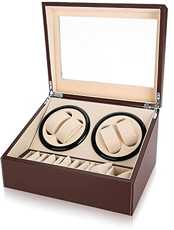 Automatische Uhrenbeweger Box, Uhrendreher Uhrenbox Uhrenbeweger für 4 Automatikuhren + 6 Gitter Uhrenaufbewahrungsgehäuse, Aufbewahrungsbox Automatikuhren Leise (Brown)