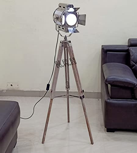 Lampadaire trépied vintage en bois pour théâtre, projecteur rétro en forme de projecteur industriel