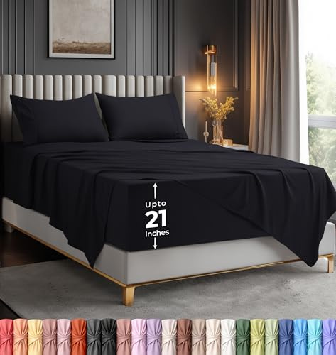Utopia Bedding Queen Size Extra Deep Pocket Sheet Set – Fits Mattresses Up to 21 inches – Cooling, Soft & Breathable – Oeko-Tex 4 Piece Bed Sheets (Black)