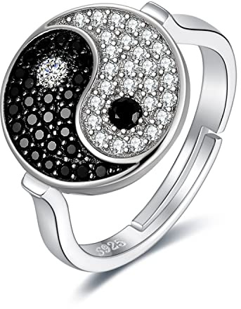 JewelryPalace Rundschliff Ying Yang Taichi Ring Echt Natur Schwarz Spinell, Bicolor Zirkonia Schmuck Set, Damenring Silber 925 Offen Verstellbare für Frauen, Naturstein