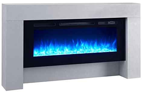FLAMME 63 Freestanding Electric Fireplace Suite, Carmaux, Cement Grey | With 1kW-2kw Heater, 3 LED Flame Colours, 13 Fuel Bed Lighting Options, Logs & Crystal Included, Remote Control