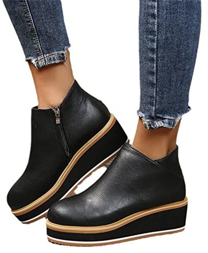 MIYYO Freizeit Stiefeletten Damen Plateau Ankle Boots,Frühling PU-Leder Kurz Stiefel Mit Reißverschluss,Frauen Britischer Stil Große Größe Knöchel Schuhe (Color : Black, Size : 39 EU)