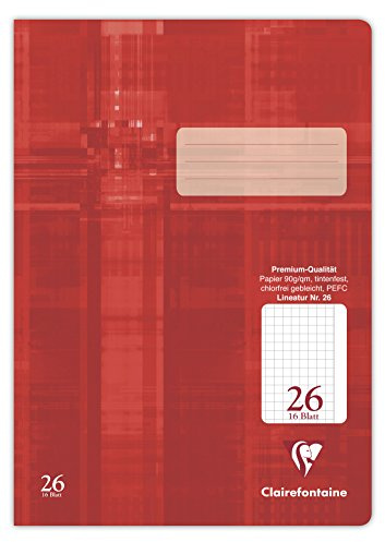 Clairefontaine 331626C - Packung mit 25 Heften ideal für die Schule, DIN A4, 32 Blatt, 90g, Lineatur 26 kariert 5x5mm mit Rand, Rot, 1 Pack