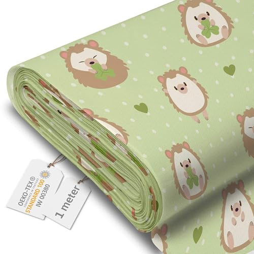 DreamRoots Markisenstoff Meterware, Hedgehog and Grass, 1 m | Oxford Segeltuch wasserdicht, Polsterstoff, 220 g/m² 600D, 160 cm breit, Kinderstoff, für Deko & Nähen