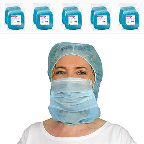1000x ARNOMED® Astro Haube mit 2-lagigem Mundschutz Blau | PP Haarnetz mit angenähter Maske, Kopfhaube mit Gummizug & Face Mask, Krankenschwester & Pflege Zubehör, Kopfschutz Küche