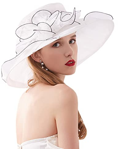 Naimo Damen Organza Kirche Kentucky Hüte Derby Fascinator Hut Elegante Schleife Breite Krempe Brauthut Tea Party Hochzeit Sonnenhut