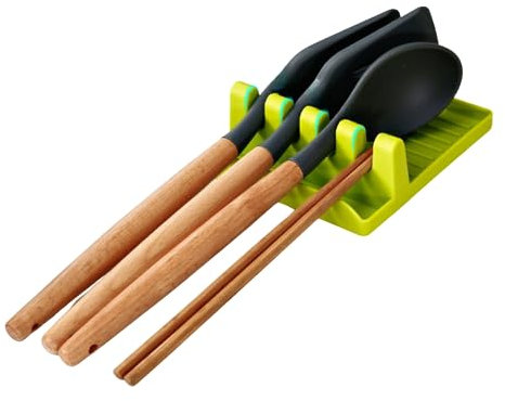 Poggiamestolo in plastica | Posa mestoli, cucchiai, spatole e utensili da cucina | Antiscivolo, Antigoccia e Lavabile | Appoggia Cucchiaio con Porta Coperchio Pentola | Poggiamestoli 5 in 1, (Verde)