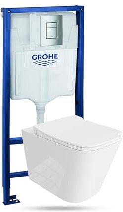 Lavita Vorwandelement Solido + Wand Hänge WC Maio Weiß Spülrandlos + WC Sitz mit Absenkautomatik Verchromter Knopf Komplettset Unterputz Spülkasten Toilette Komplett Sett WC