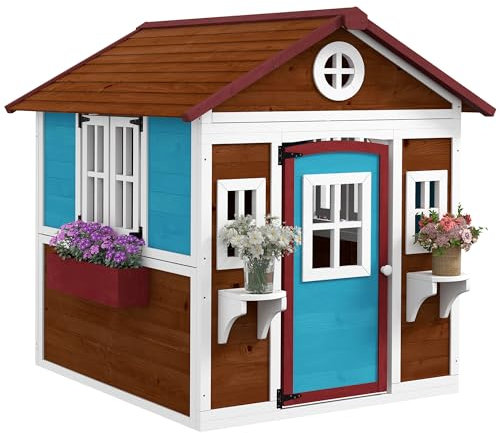 Outsunny Kinderspielhaus aus Holz Spielhaus Outdoor mit Fenster, Blumenregal, Pflanzenkasten und Tür Gartenhaus für Kinder 3-8 Jahre Dunkelbraun
