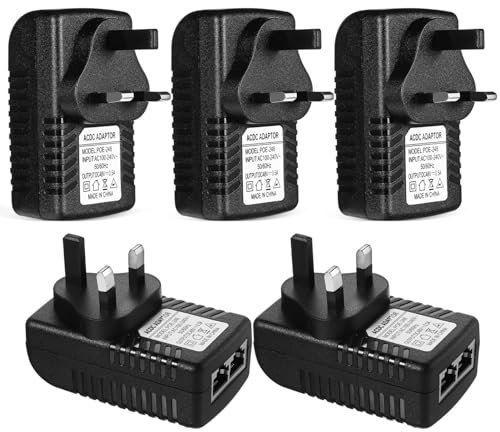 STOBOK Power Adapter Plug DC 48V 0.5A Injector Power Supply Wall Mounted with UK Plug Household Ethernet Adapter for Ip Phone, Wireless 5pcs