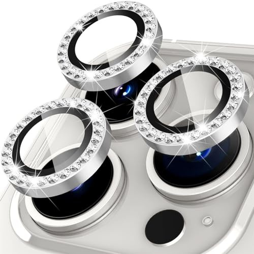 Oelrstfe Caméra Arrière Protection pour iPhone 15 Pro/15 Pro Max Verre Trempé,Pailleté Protecteur Objectif Lentille,9H Dureté HD Définition Anti-Rayures Ultra Résistant Lens Camera Protector,Argent
