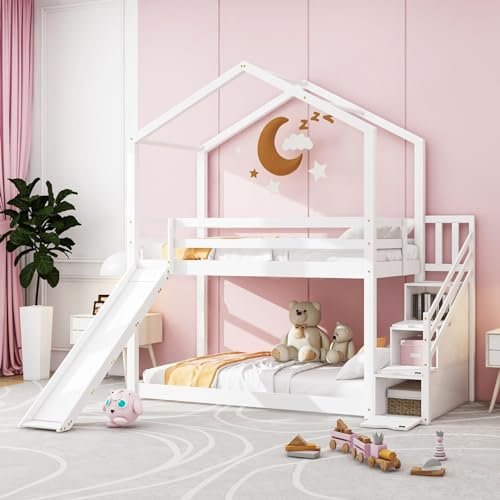 Skcess Kinderbett Hausbett, Etagenbett Mit Rutsche Und Leiter Zur Aufbewahrung, Etagenbettgestell Aus Massivholz Mit Lattenrost 90 X 200 cm, Weiß