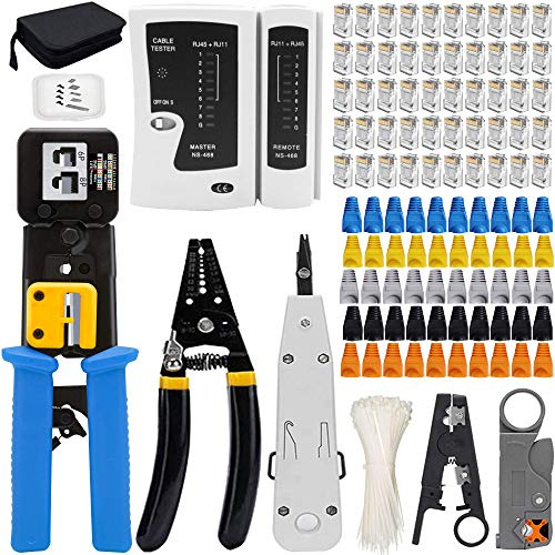 MAYLINE Strumento di Crimpatura RJ45 Cat5 Pinza Crimpatrice per Cavi e Rete Cat5e Cat6 RJ11 6P/RJ12 8P/RJ45 con Connettori Coperture Fascetta in Spellafili Cavo Rete (blu)