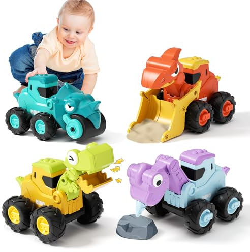 MOONTOY Macchinine per Bambini 1 Anno, Macchinina Bambino Dinosauro, Set di 4 Veicoli da Costruzione con Dinosauri, Macchinine Press & Go per Bambini 12 18 Mesi, Grande Regalo per 1 2 3 Anni