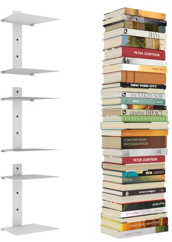 Mefirt Invisible Floating Bookshelves for Wall, 6 Tier Vertical Spine Book Tower, Heavy Duty Floating Book Shelves Metal Book Organizers for Home Office, 3 Pack(White)