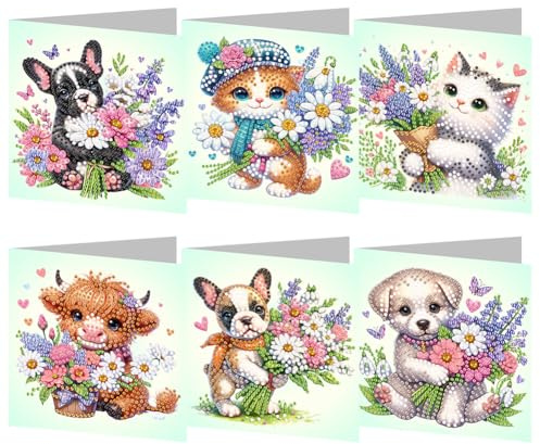 Generish Diamant Malerei Grußkarte, 6 Stück Katze und Hund Blumen Wasser Diamond Painting Geburtstag Karte, Diamant Malerei Strass Kits für Weihnachten Lehrertag Muttertag Erntedankfest