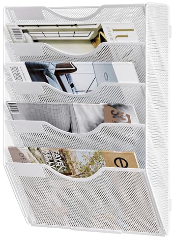 Solinxe Hängande väggfilhållare 5 nivåer papper dokument förvaring organiserare tidningsställ för kontor hem skoltillbehör tillbehör, vit