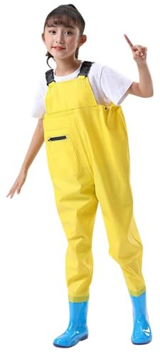 Wathose Kinder Wasserdicht mit Stiefel Kinderwathose Matschhose Jungen Anglerhose mit Stiefel Mädchen Regenhose mit Stiefeln Junior Hosenträger Matschhose Regenstiefel rutschfeste Sohle Gummistiefel
