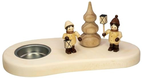 Seiffener Volkskunst | Teelichthalter | Tischdeko für Teelicht aus Naturholz 8.5x18x8 cm | Handgefertigte Erzgebirgische Holzkunst | Weihnachtsdeko mit Figuren | mit Laternenkinder