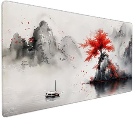 Schwarz Mousepad XXL 700 x 400 x 3 mm, Groß Gaming Mauspad Tuschegemälde Muster, Schreibtischunterlage rutschfeste Gummi, Wasserfest Mouse Pad Vernähte Kanten, Büro Deko, Geschenke für Frauen Z-792
