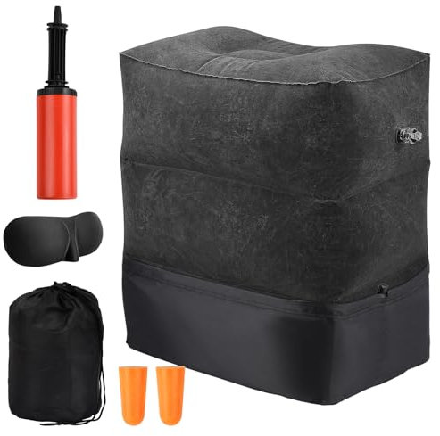 Wisebom Aufblasbares Fußstützkissen für Flugzeug, Fußstütze für Kinder zum Schlafen, 3-lagig, höhenverstellbar, tragbar, Reise-Fußstütze mit Aufbewahrungstasche für Zug, Auto, Zuhause, Büro (schwarz)