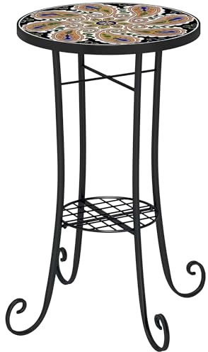 Outsunny Mosaik Gartentisch, 35,5 cm Runder Tisch für den Außenbereich mit Regal, Keramikplatte, Kleiner Garten Beistelltisch Bistrotisch Endtisch Pflanzenständer für Innen, Terrasse, Balkon, Orange