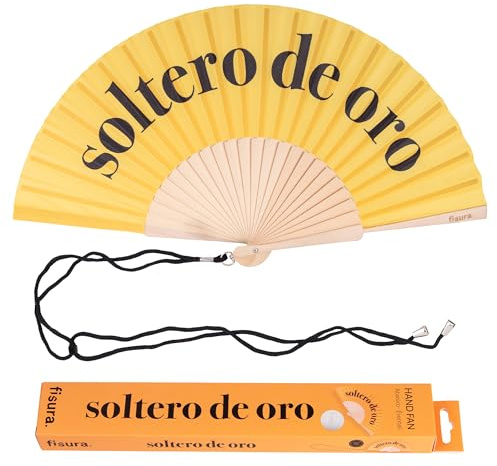 Fisura – Abanico original con mensaje “soltero de oro”. Abanico para bodas. Ventilador de mano moderno y colorido. Colgador incluido. Medidas: 42,5 x 23 cm