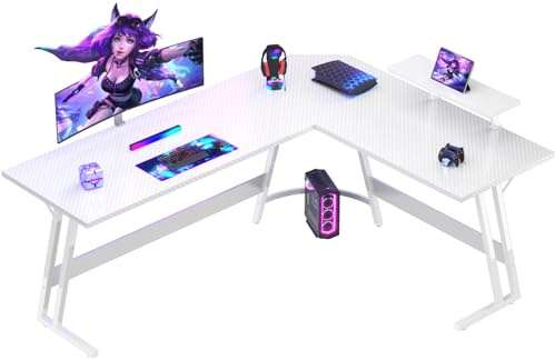 Devoko Gaming Tisch L Form mit Monitorständer, Eckschreibtisch für Gamer, Gaming Schreibtisch L Form, Groß Pc Computertisch, 170 x 130 cm, Kohlefaser Weiß